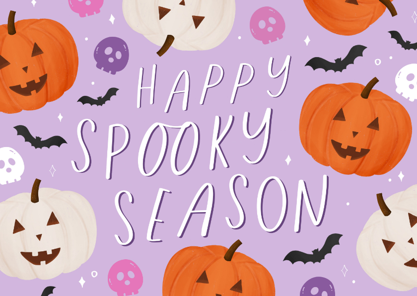 Wenskaarten - Wenskaart happy spooky season Halloween pompoen vleermuis