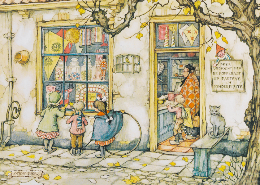 Wenskaart kinderen bij de snoepwinkel - Wenskaarten Wenskaarten - Wenskaart kinderen bij de snoepwinkel