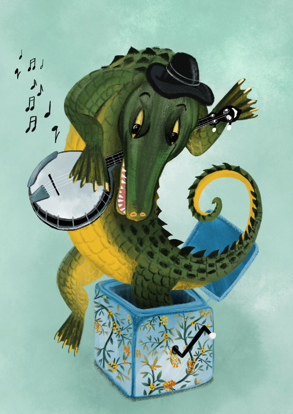 Wenskaarten - Wenskaart krokodil zingt een lied