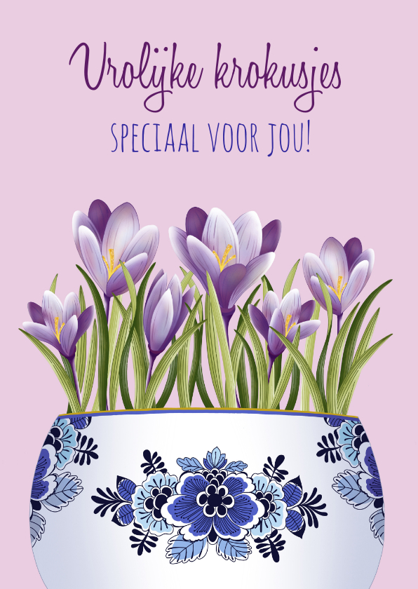 Wenskaart krokussen met Delfts blauwe pot - Wenskaarten Wenskaarten - Wenskaart krokussen met Delfts blauwe pot