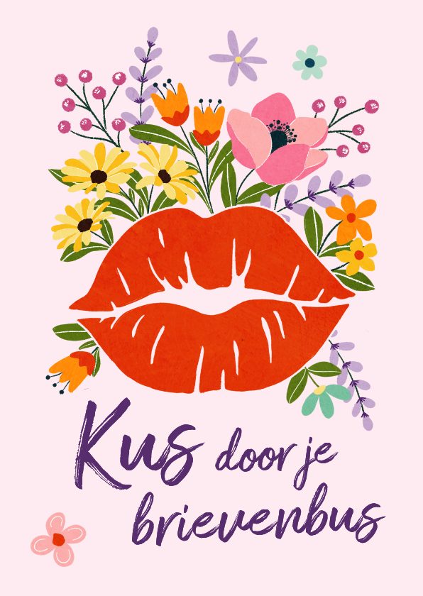 Wenskaarten - Wenskaart kus met bloemen door je brievenbus