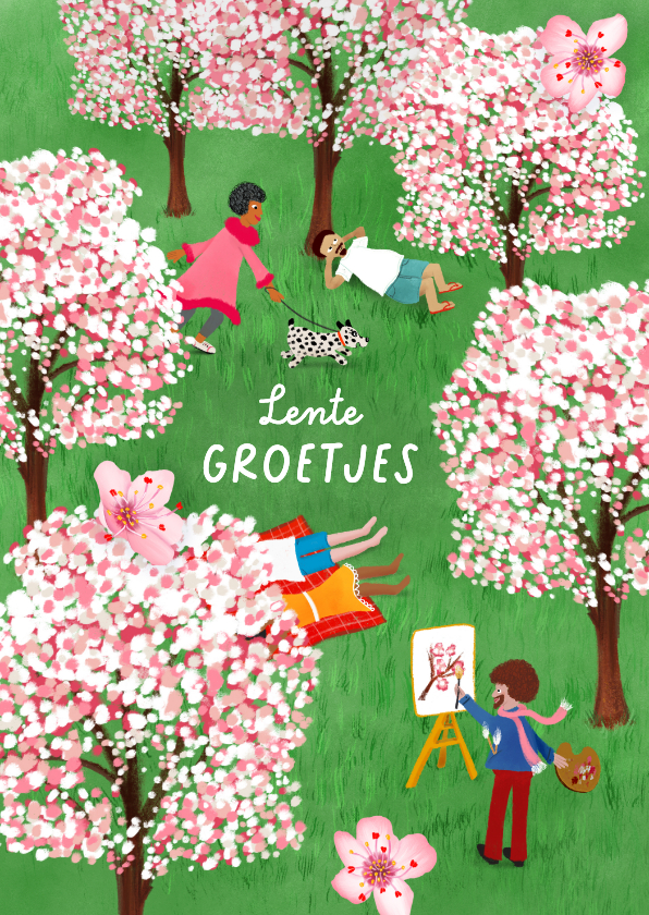 Wenskaarten - Wenskaart met bloesembomen en mensen