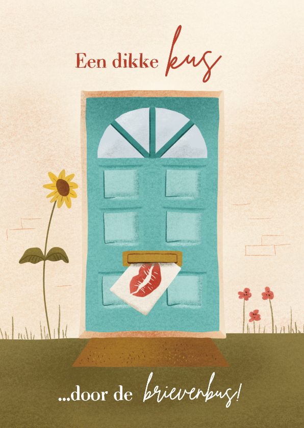 Wenskaarten - Wenskaart met deur en kaart met kus door de brievenbus