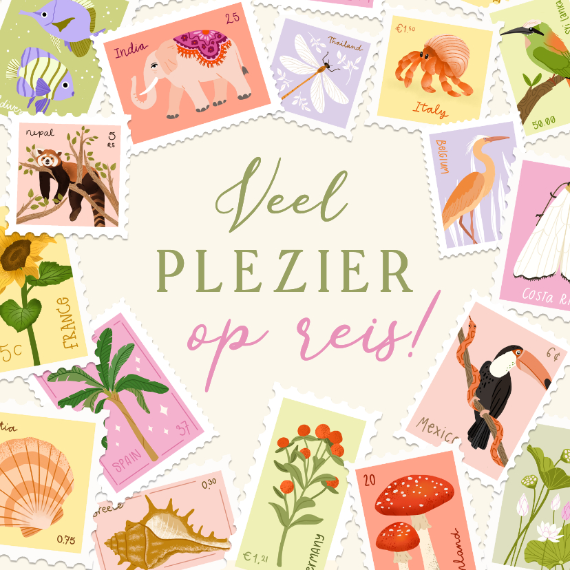 Wenskaarten - Wenskaart met postzegels veel plezier op reis 