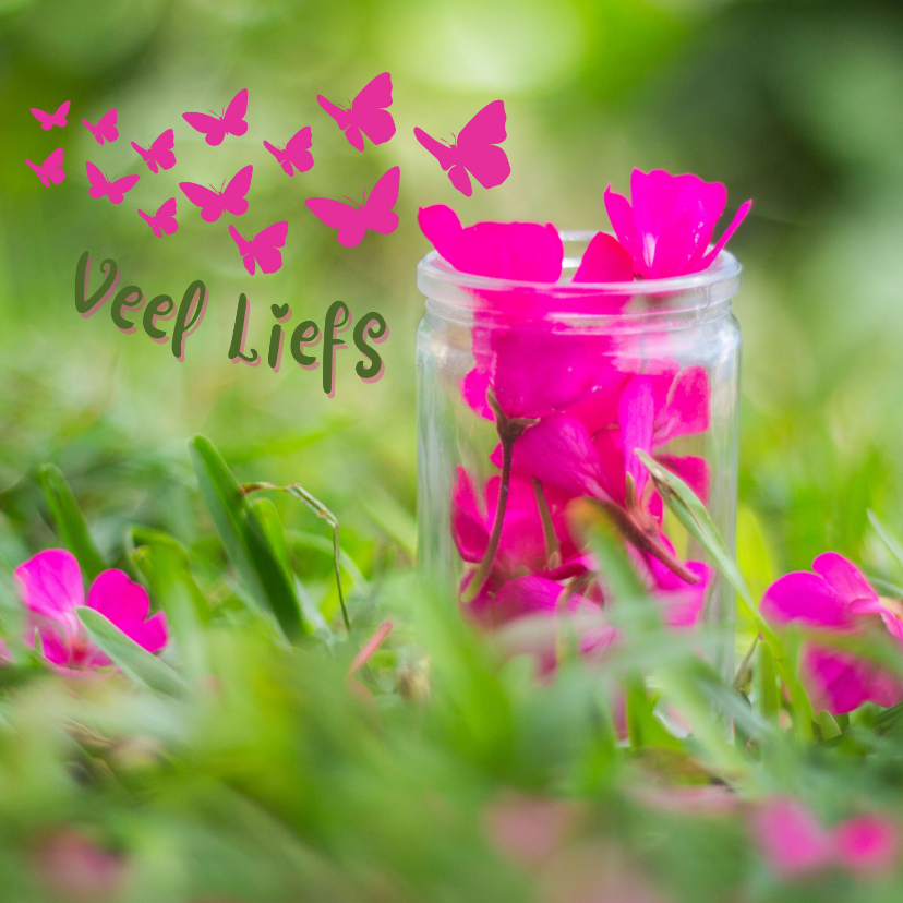 Wenskaarten - Wenskaart met roze bloemen en vlinders in groene natuur