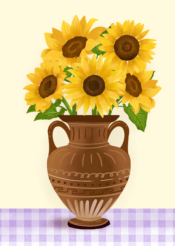 Wenskaarten - Wenskaart met zonnebloemen in vaas