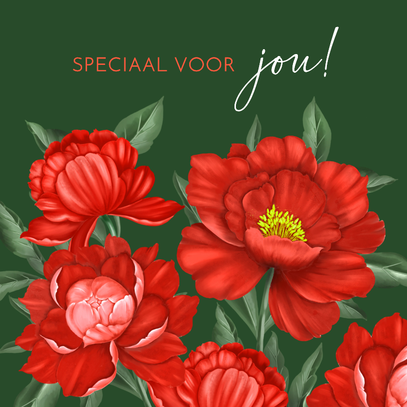 Wenskaarten - Wenskaart rode oranje pioenrozen