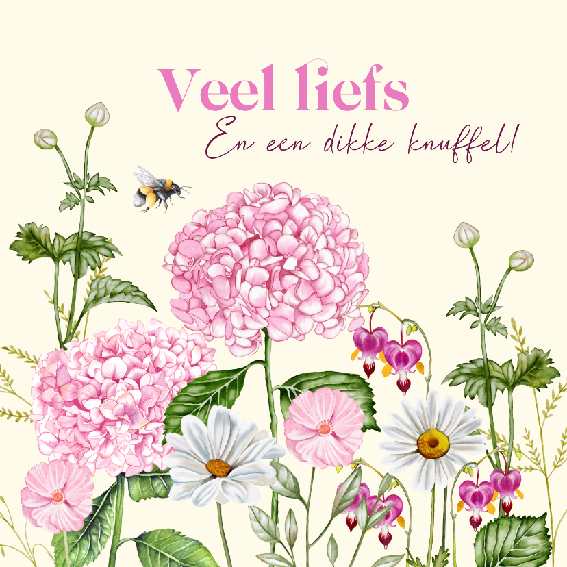 Wenskaarten - Wenskaart roze hortensia's in de tuin