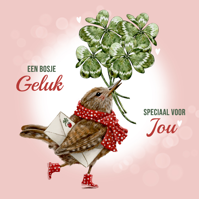 Wenskaarten - Wenskaart succes met vogeltje en klavertjes vier voor geluk