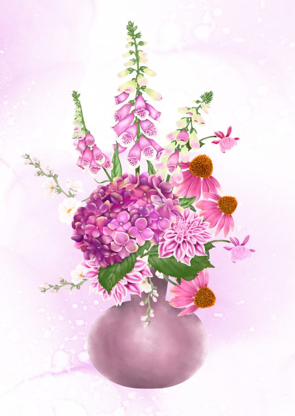 Wenskaarten - Wenskaart vaas met roze zomerbloemen