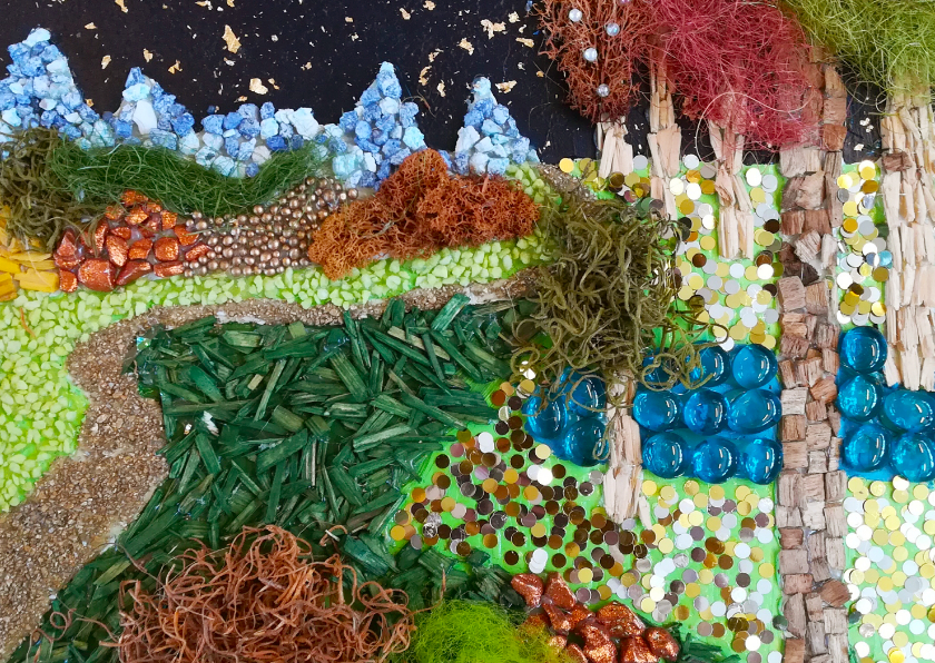 Wenskaart van een landschap 'met stukjes' - Wenskaarten Wenskaarten - Wenskaart van een landschap 'met stukjes'