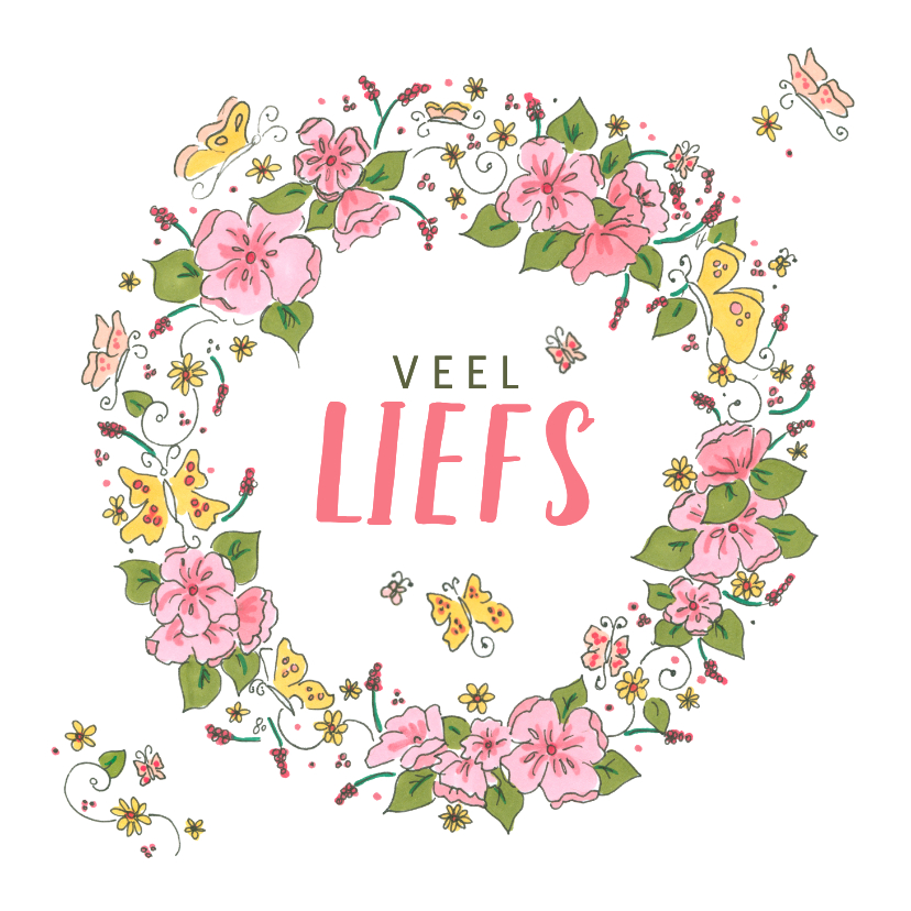 Wenskaarten - Wenskaart veel liefs bloemenkader met vllinders