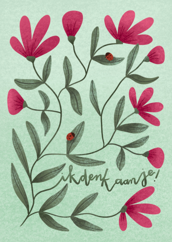Wenskaarten - Wenskaart vol met roze bloemen en tekst: ik denk aan je