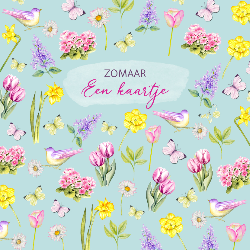 Wenskaarten - Wenskaart voorjaarsbloemen vogeltje