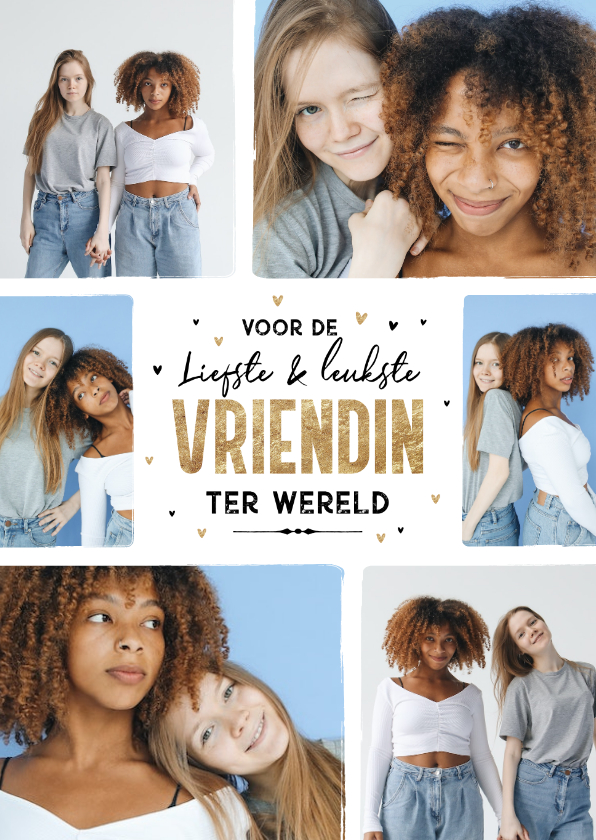 Wenskaarten - Wenskaart vriendin fotocollage hartjes goud