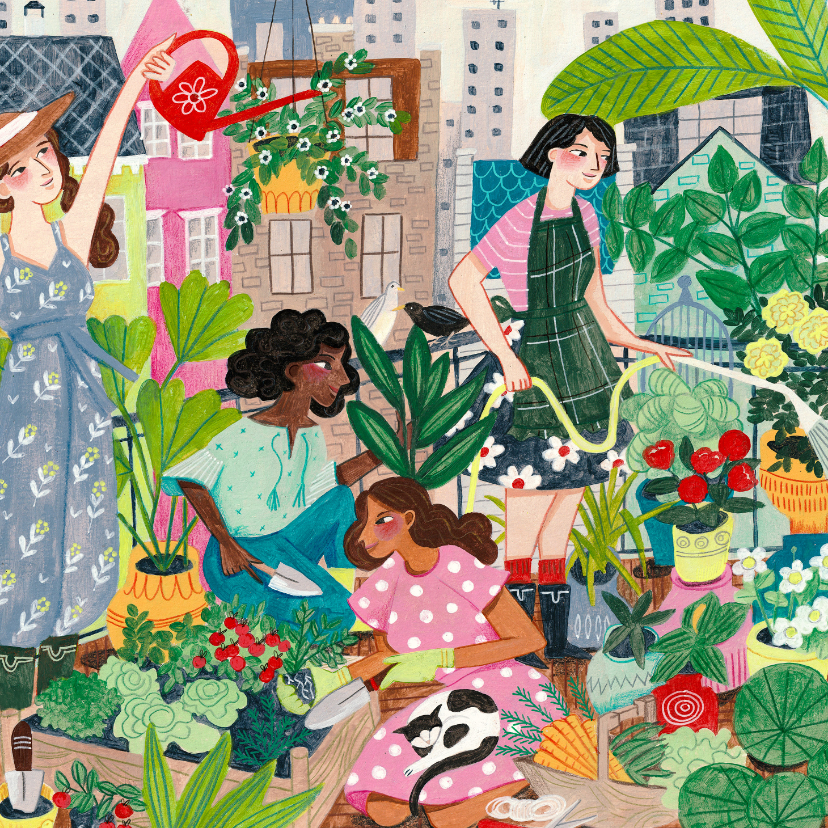 Wenskaarten - Wenskaart vrouw natuur tuin illustratie