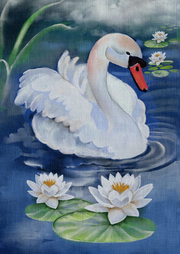 Wenskaarten - Wenskaart witte zwaan met waterlelies