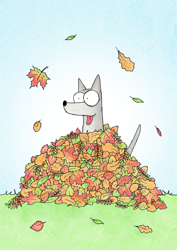 Wenskaarten - Zomaar een kaart met een hond in een bladerhoop