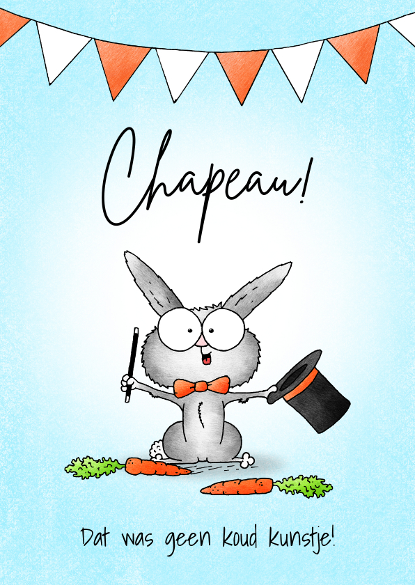 Wenskaarten - Zomaar kaart lief goochelaar konijntje met hoed - Chapeau!