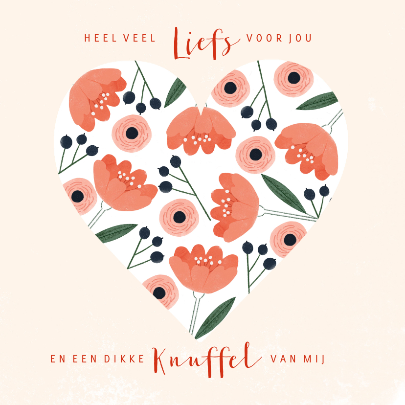 Wenskaarten - Zomaar kaart liefs en een knuffel bloemen in een hart