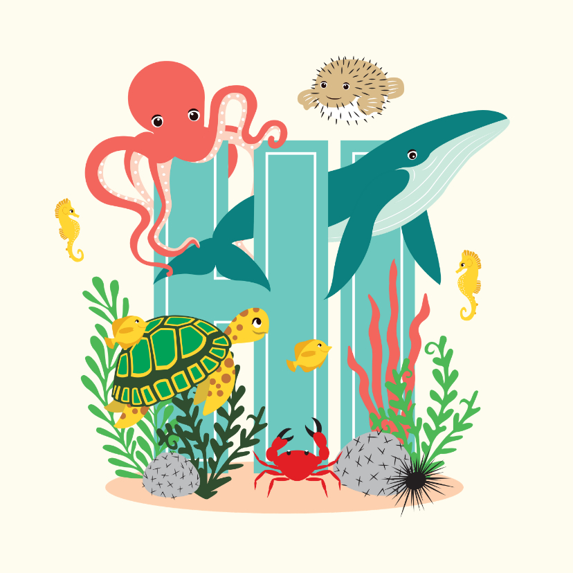 Zomaar kaartje met lieve dieren uit de zee die hi zeggen - Wenskaarten Wenskaarten - Zomaar kaartje met lieve dieren uit de zee die hi zeggen