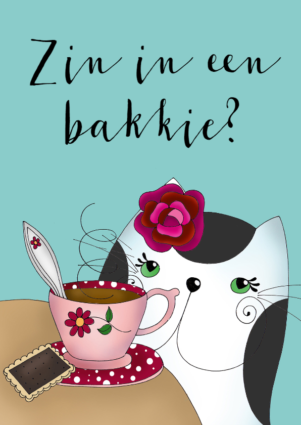 Wenskaarten - Zomaar - Kat drink een kopje thee of koffie 