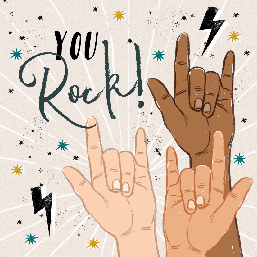 Wenskaarten - Zomaarkaart 'You Rock' met handgebaren, sterren en bliksem