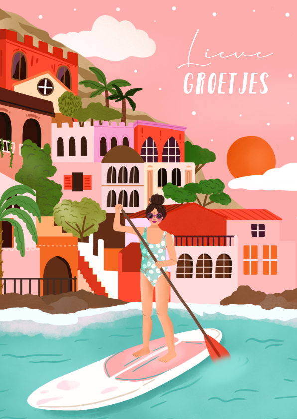Zomerse wenskaart paddleboard lieve groetjes - Wenskaarten Wenskaarten - Zomerse wenskaart paddleboard lieve groetjes