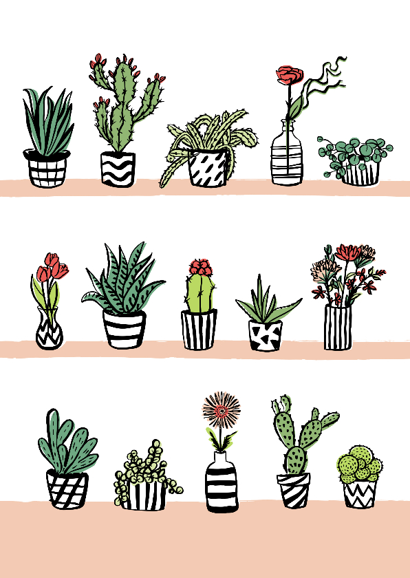 Fleurige kaart cactussen en bloemen - Woonkaarten Woonkaarten - Fleurige kaart cactussen en bloemen