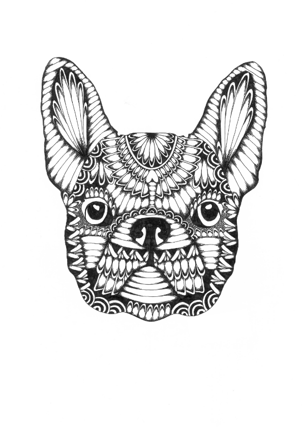 Franse bulldog zwart/wit illustratie - Woonkaarten Woonkaarten - Franse bulldog zwart/wit illustratie