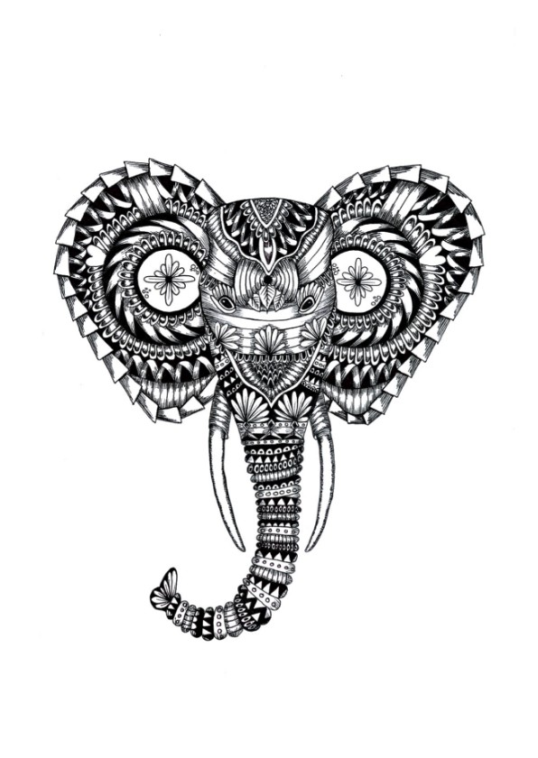Olifant zwart/wit illustratie - Woonkaarten Woonkaarten - Olifant zwart/wit illustratie