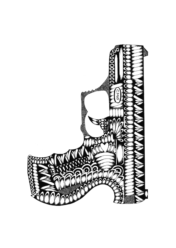 Pistool zwart/wit illustratie - Woonkaarten Woonkaarten - Pistool zwart/wit illustratie
