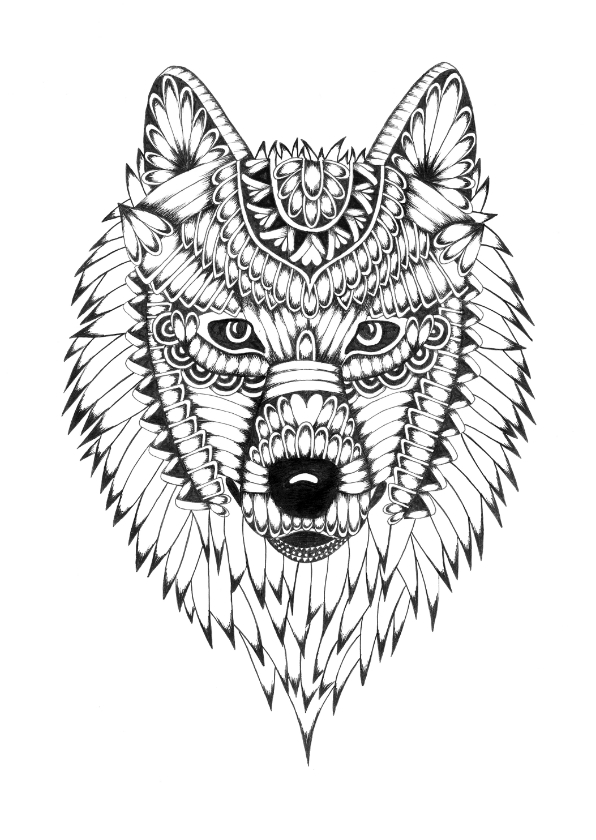 Wolf zwart/wit illustratie - Woonkaarten Woonkaarten - Wolf zwart/wit illustratie