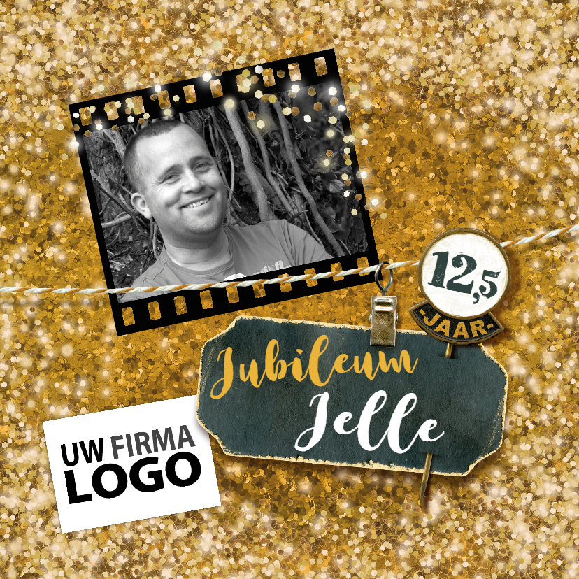 Zakelijke kaarten - Jubileum medewerker glitter goud vierkant met logo