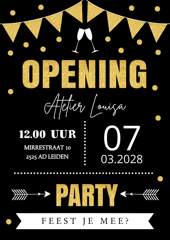 Zakelijke kaarten - Uitnodiging opening typografie confetti slinger goudlook