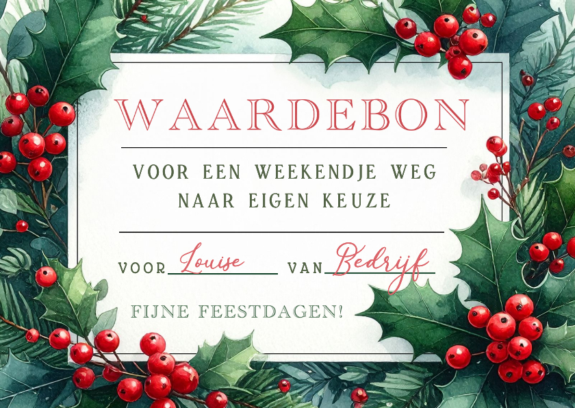 Waardebon in kerstsfeer met hulst besjes en takjes - Zakelijke kaarten Zakelijke kaarten - Waardebon in kerstsfeer met hulst besjes en takjes