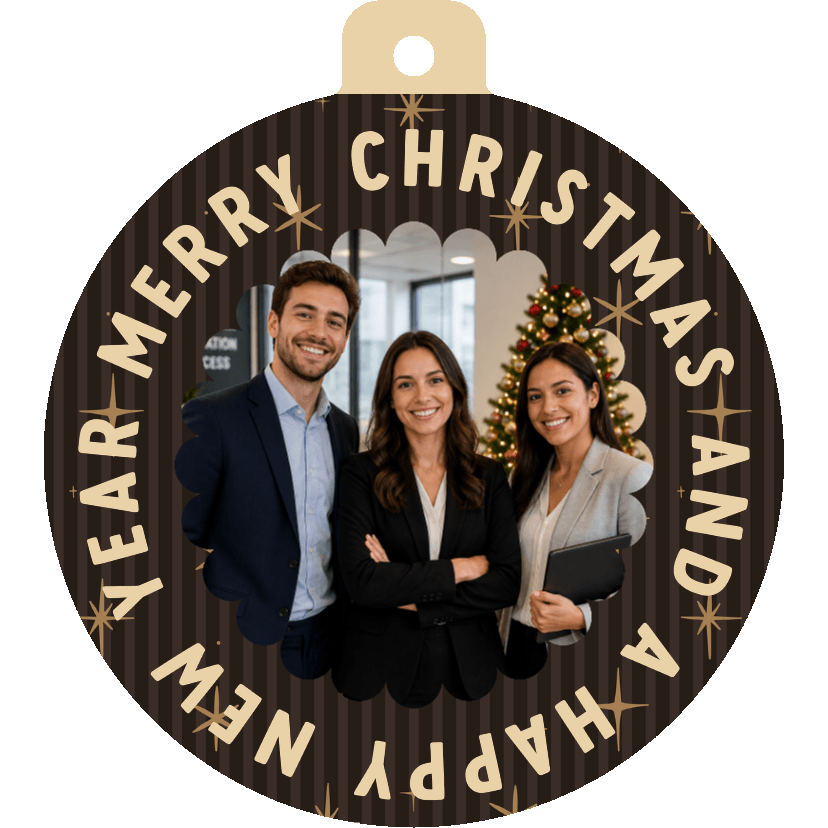 Zakelijke kerstkaarten - Bruine zakelijke kerstbal kaart met streepjes en sterren