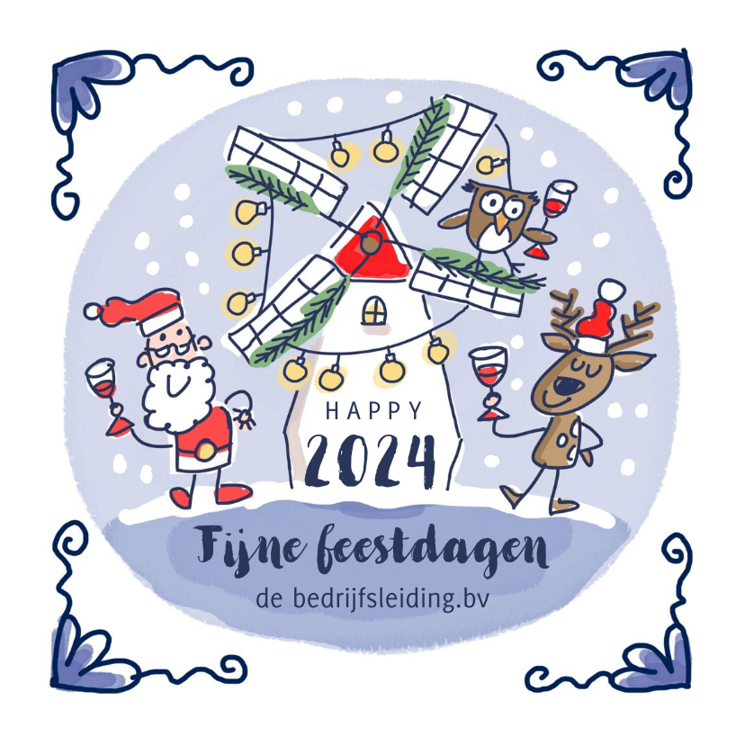 Zakelijke kerstkaarten - Delfts blauw kerstkaartje met kerstman rendier en molen