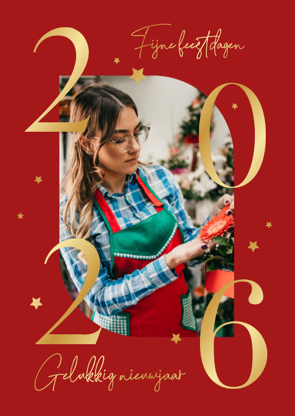 Goudfolie zakelijke kerstkaart rood met eigen foto 2026 - Zakelijke kerstkaarten Zakelijke kerstkaarten - Goudfolie zakelijke kerstkaart rood met eigen foto 2026