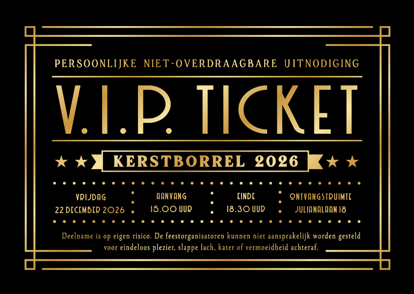 Grappige zakelijke uitnodiging kerstborrel VIP-ticket goud - Zakelijke kerstkaarten Zakelijke kerstkaarten - Grappige zakelijke uitnodiging kerstborrel VIP-ticket goud