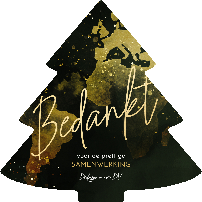 Groene kerstboom kaart met gouden wereldkaart  - Zakelijke kerstkaarten Zakelijke kerstkaarten - Groene kerstboom kaart met gouden wereldkaart