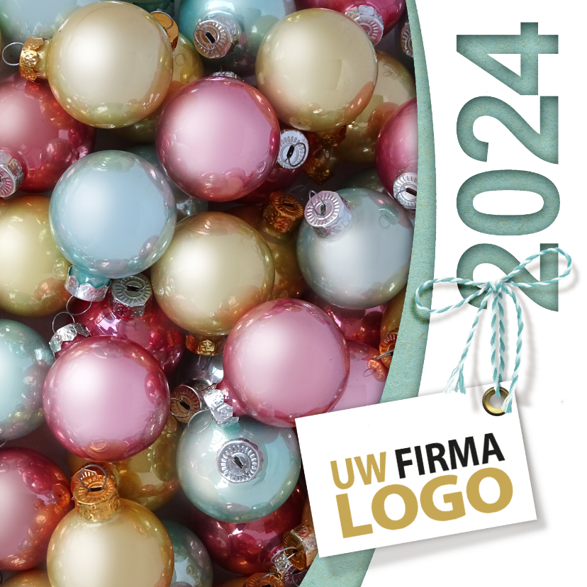 Zakelijke kerstkaarten - Kerstballen pastel label logo boog
