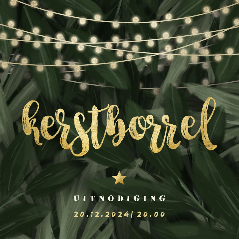 Zakelijke kerstkaarten - Kerstborrel jungle bladeren met lampjes uitnodiging