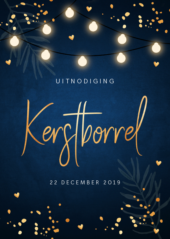 Kerstborrel uitnodiging donkerblauw confetti lampjes - Zakelijke kerstkaarten Zakelijke kerstkaarten - Kerstborrel uitnodiging donkerblauw confetti lampjes
