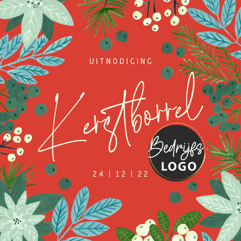 Kerstborrel uitnodiging zakelijk kerst groen en bloemen - Zakelijke kerstkaarten Zakelijke kerstkaarten - Kerstborrel uitnodiging zakelijk kerst groen en bloemen