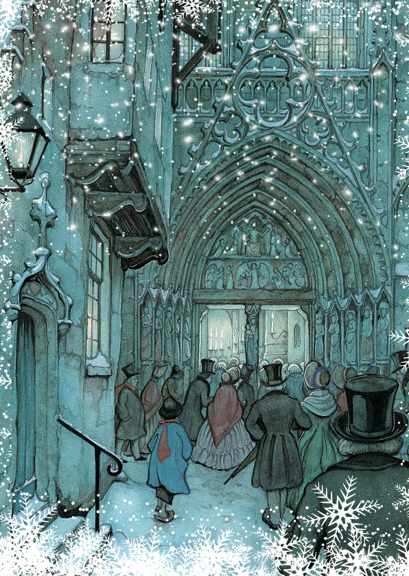 Zakelijke kerstkaarten - Kerstkaart - Anton Pieck illustratie op weg naar de avondmis