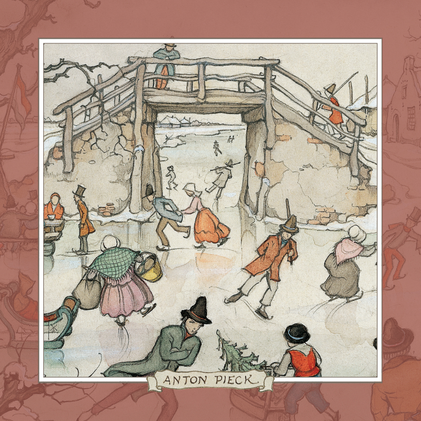 Kerstkaart - Anton Pieck illustratie schaatsende mensen - Zakelijke kerstkaarten Zakelijke kerstkaarten - Kerstkaart - Anton Pieck illustratie schaatsende mensen