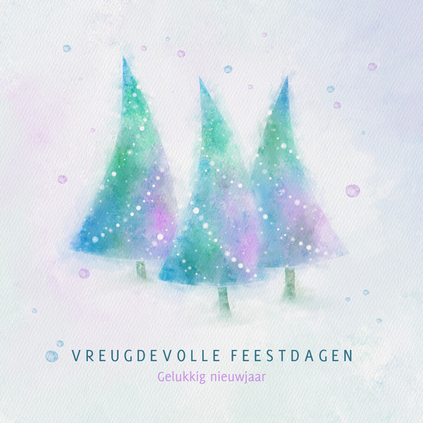 Kerstkaart blauw-groen-paars aquarel kerstbomen - Zakelijke kerstkaarten Zakelijke kerstkaarten - Kerstkaart blauw-groen-paars aquarel kerstbomen