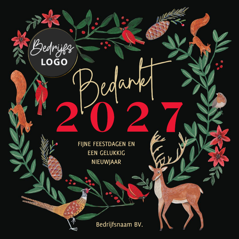 Zakelijke kerstkaarten - Kerstkaart bosdieren kerstkrans met jaartal