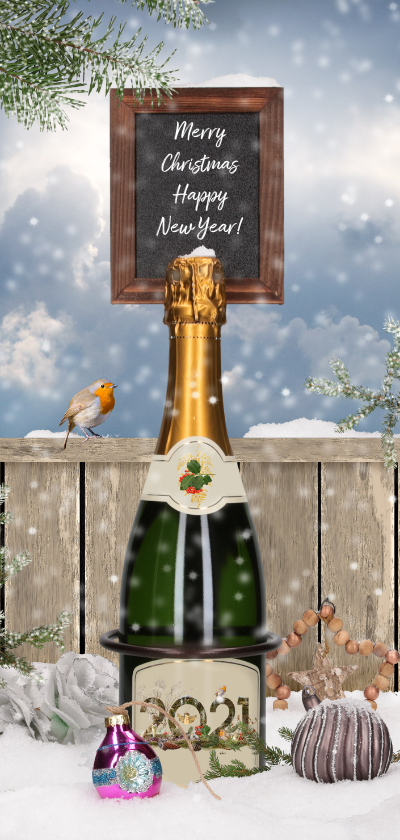 Kerstkaart champagnefles in sneeuw - Zakelijke kerstkaarten Zakelijke kerstkaarten - Kerstkaart champagnefles in sneeuw